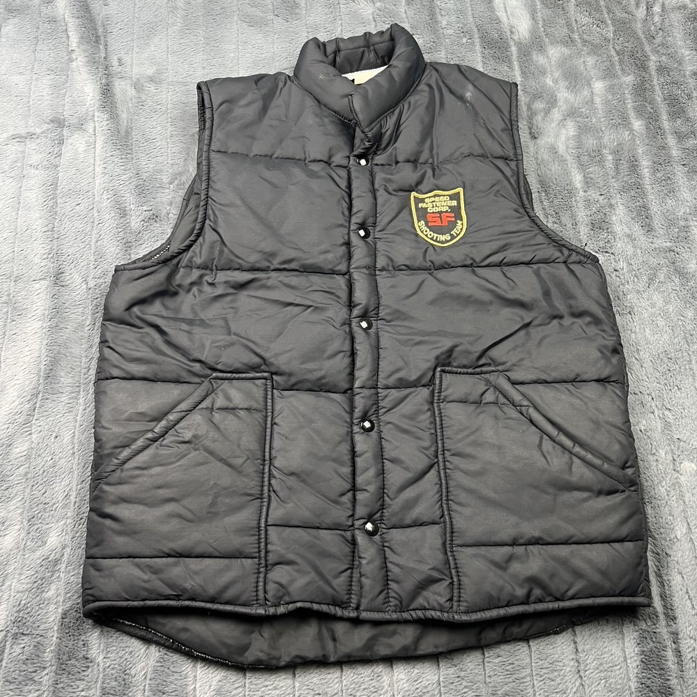 Vintage Upstream Black Puffer Vest Mens M Speed Fastener Corp Shooting Made USA
